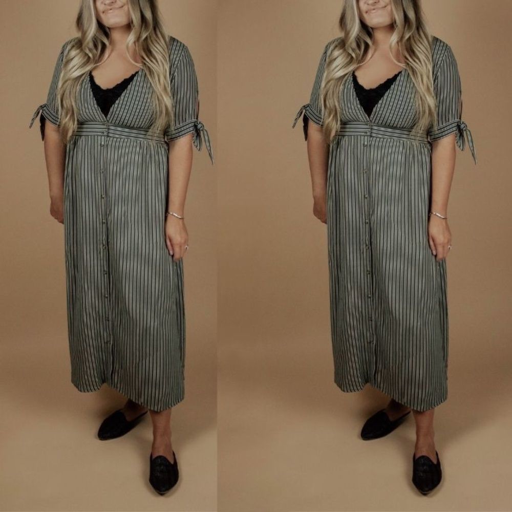 Hem&Thread olive striped tea length dress